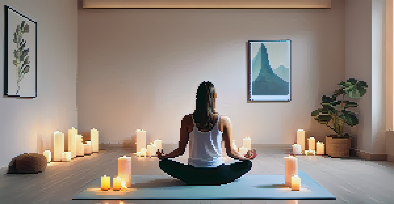 A person practicing breathwork on a yoga mat in a serene, minimalist room with candles and soft lighting.