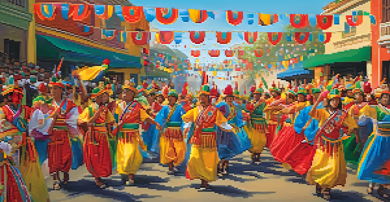 A lively festival parade with people in colorful costumes carrying banners and dancing, surrounded by festive decorations.