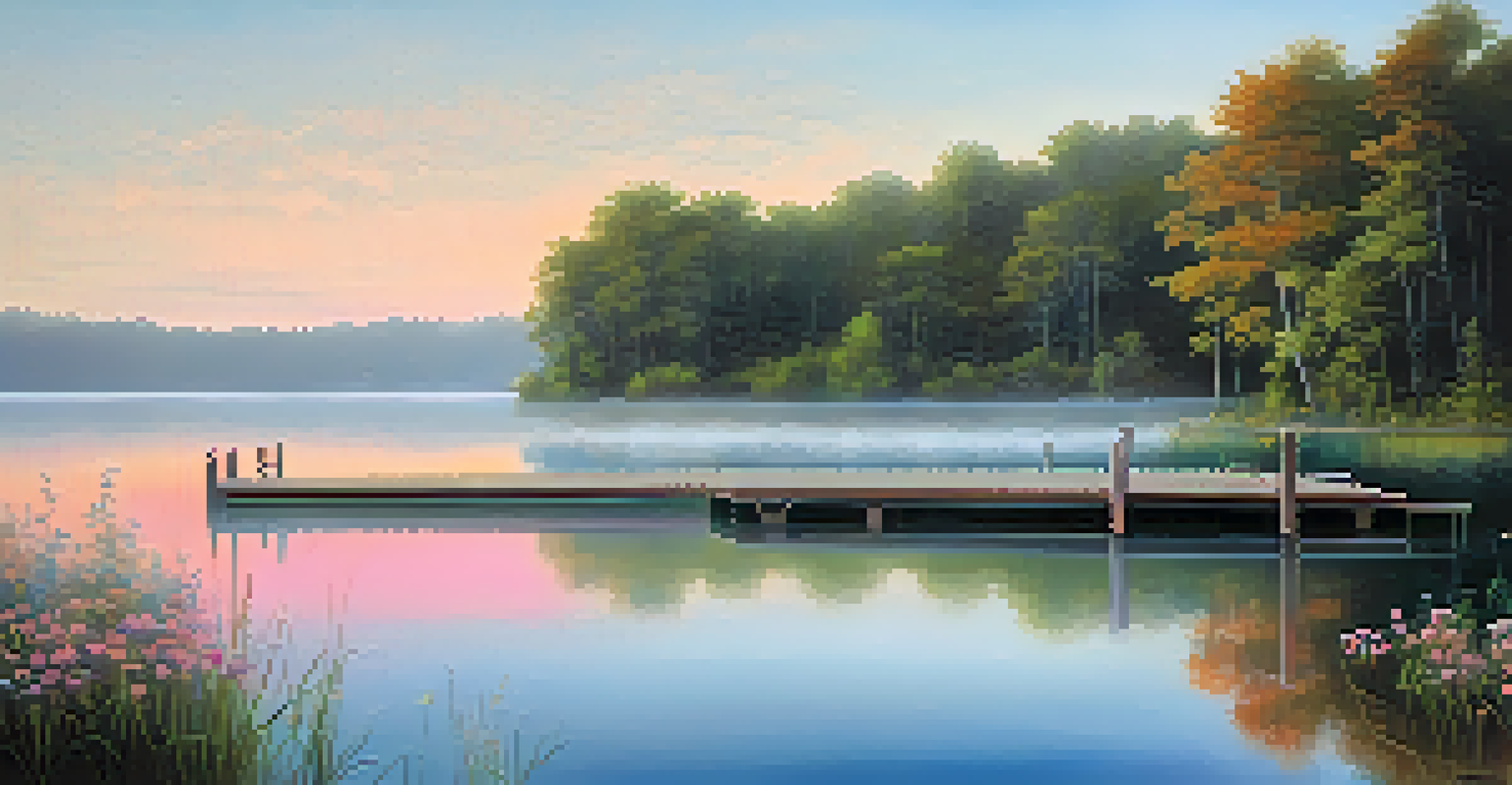 A tranquil lakeside view at dawn with mist rising from the water and a wooden dock extending into the lake.