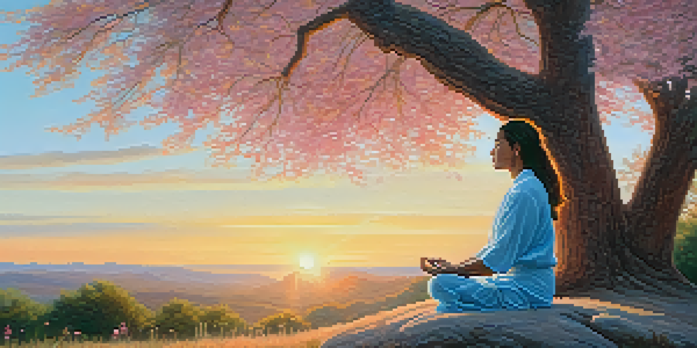 A person meditating on a grassy hilltop during sunrise, surrounded by flowers and trees.