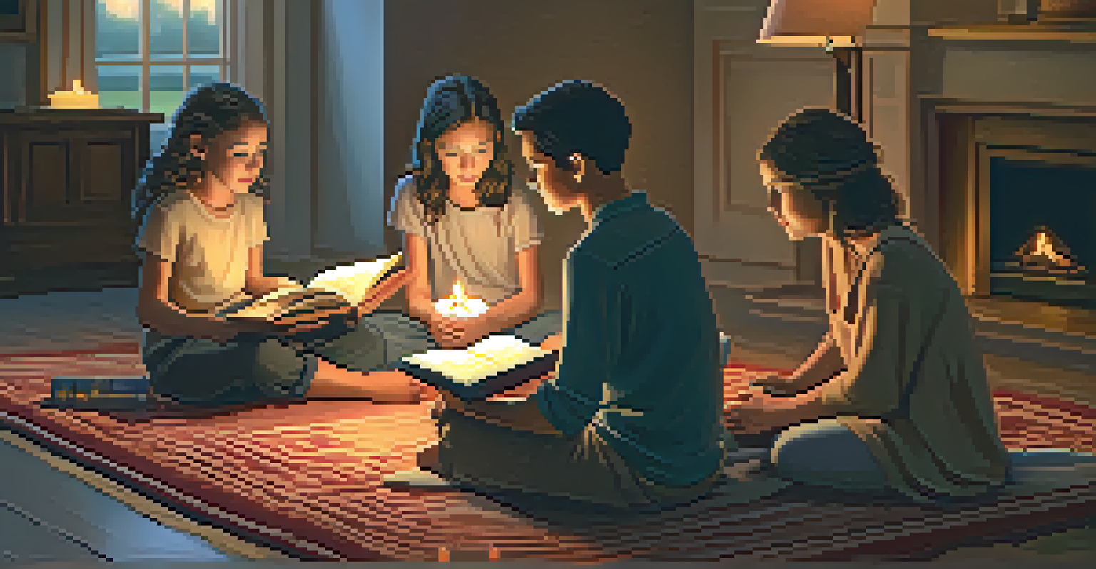 A family sitting on a rug in a warmly lit room, sharing stories from an open book, with candles providing a soft glow.