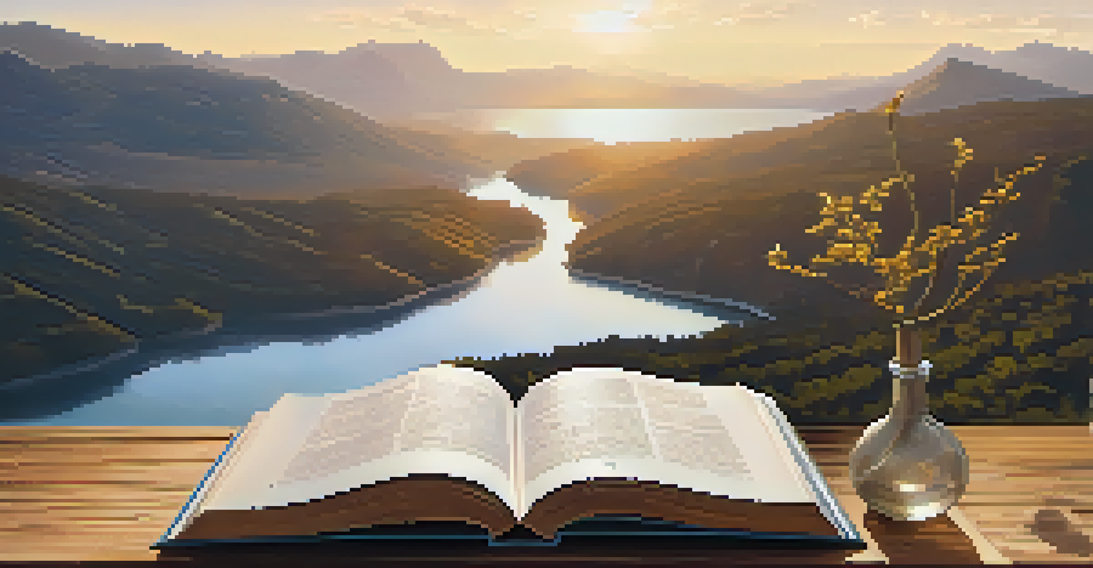 An open book on a table with philosophical texts, and a serene mountain landscape in the background, bathed in warm light.