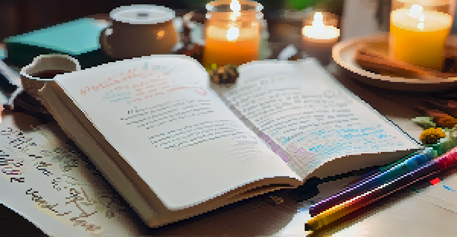 A close-up of an open gratitude journal with colorful notes, a candle, and tea in the background.