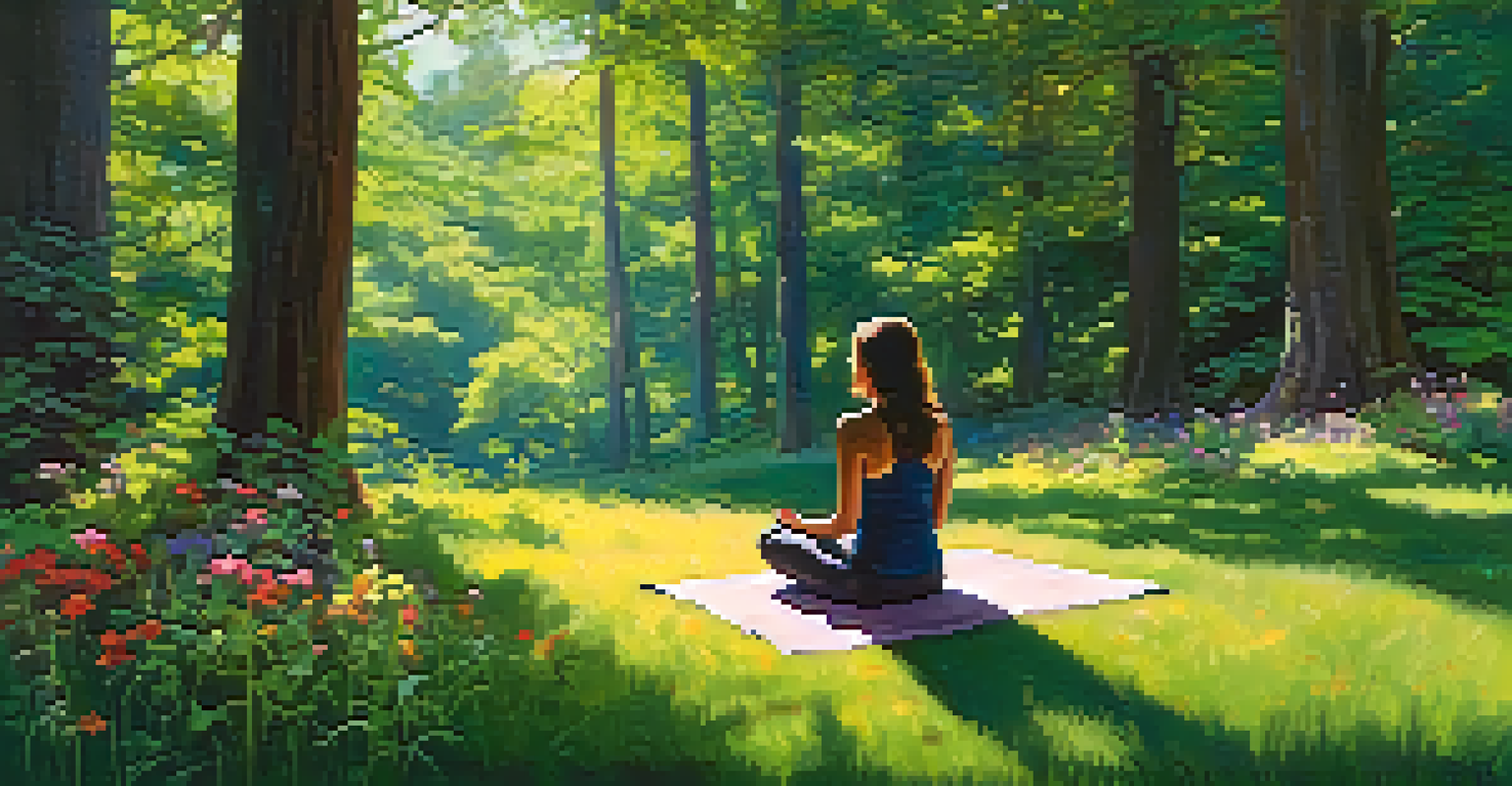 A person meditating in a serene forest clearing, surrounded by flowers and tall trees with sunlight filtering through the leaves.