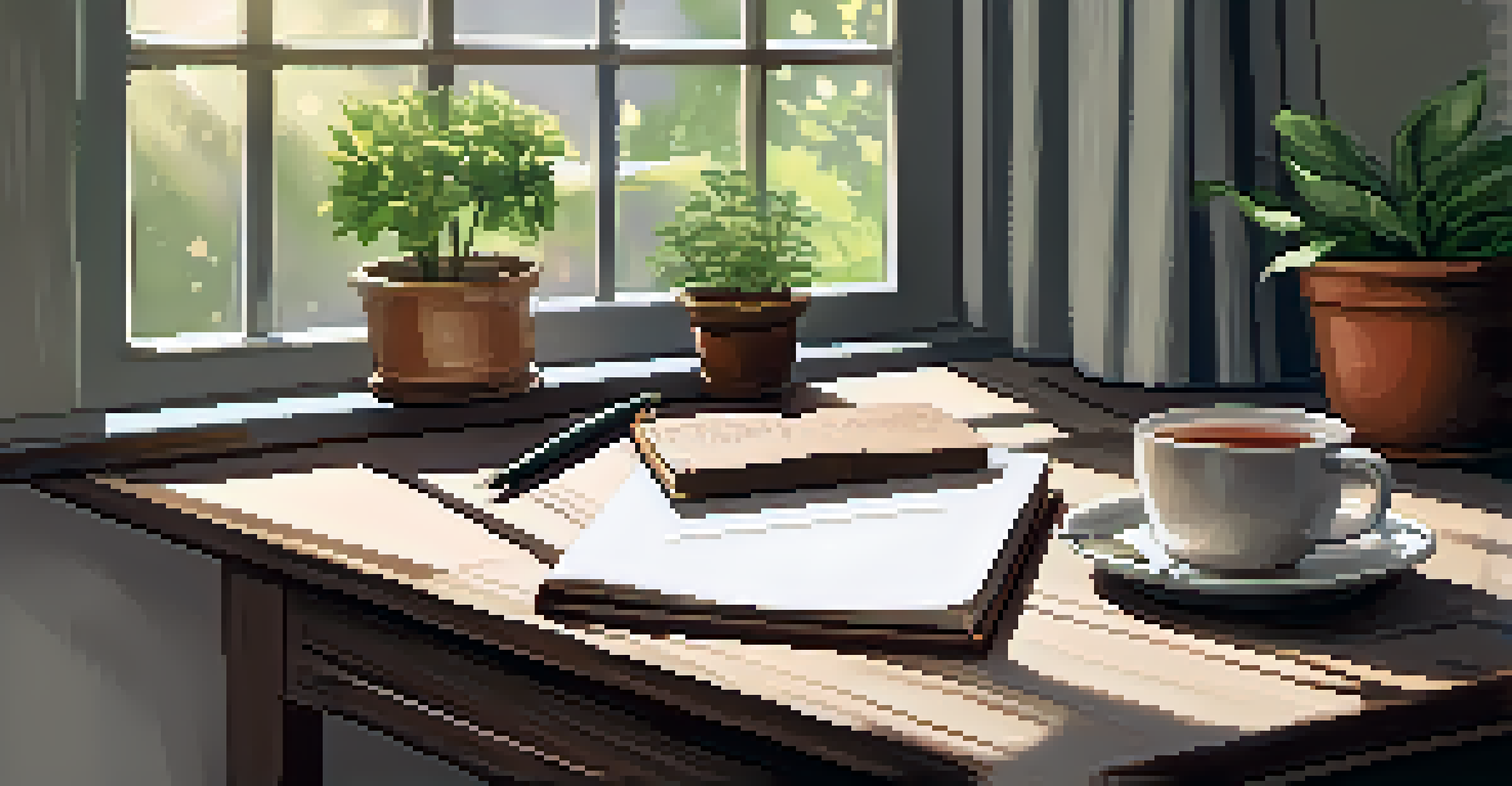 A cozy workspace with a wooden desk, an open journal, a cup of tea, and sunlight streaming through a window.