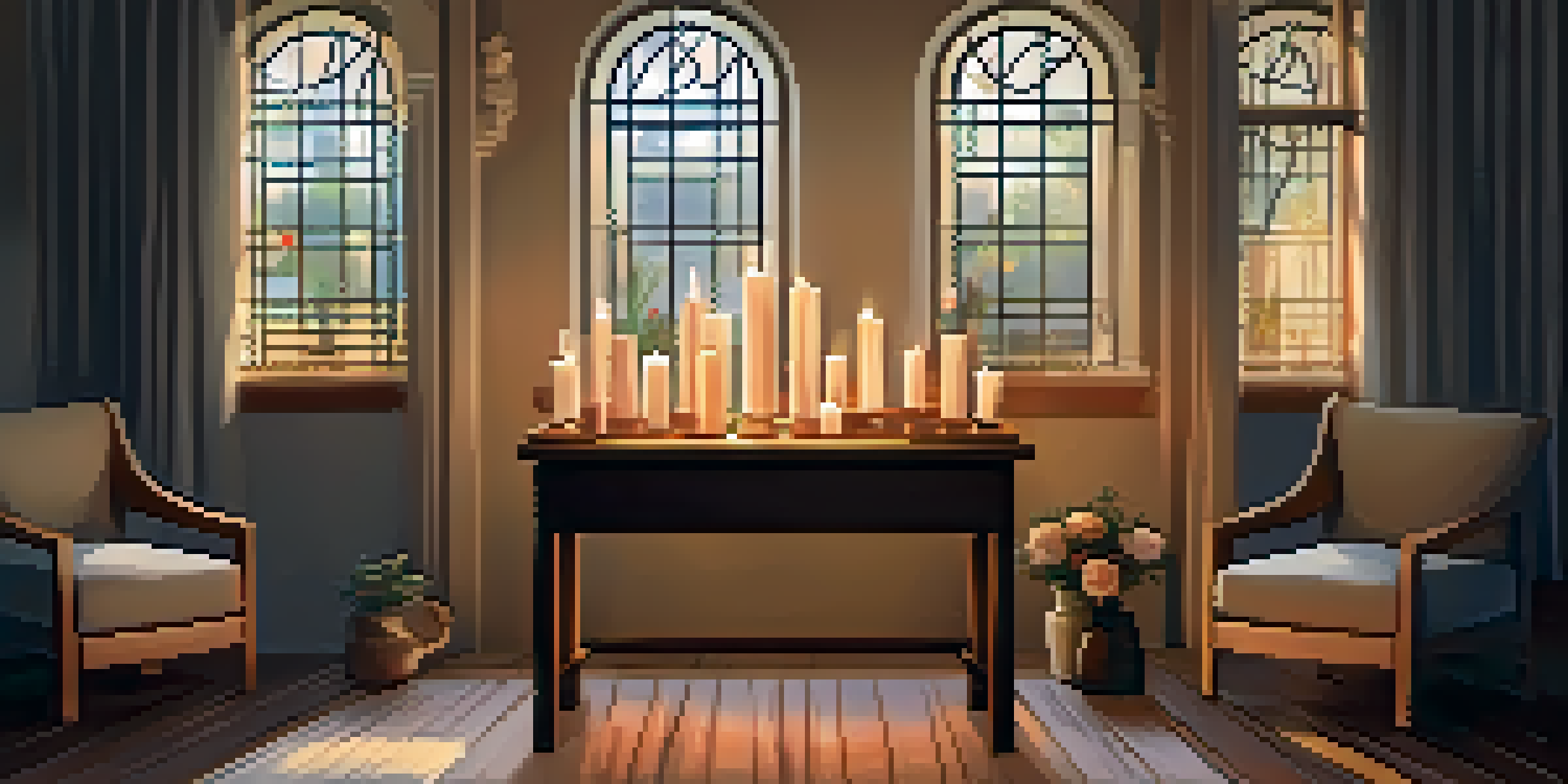 A cozy room with a beautifully arranged ancestral altar, featuring candles, photographs, and flowers, illuminated by soft natural light.