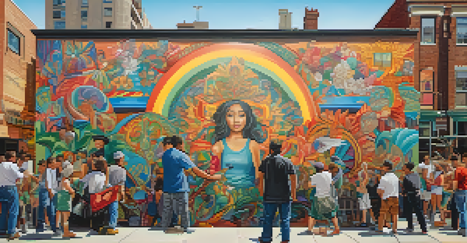 An artist creating a large, colorful mural on an urban wall, with onlookers admiring the artwork that represents resilience and hope.