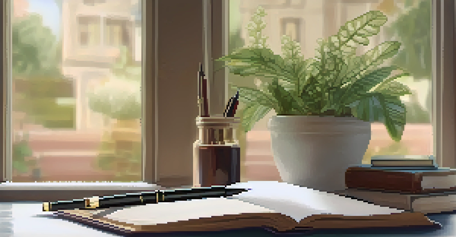 A close-up of an open journal and fountain pen in a cozy room filled with plants and books, inviting introspection.