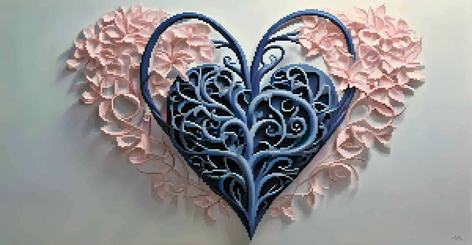 An abstract heart made of vines and flowers on a soft gradient background.