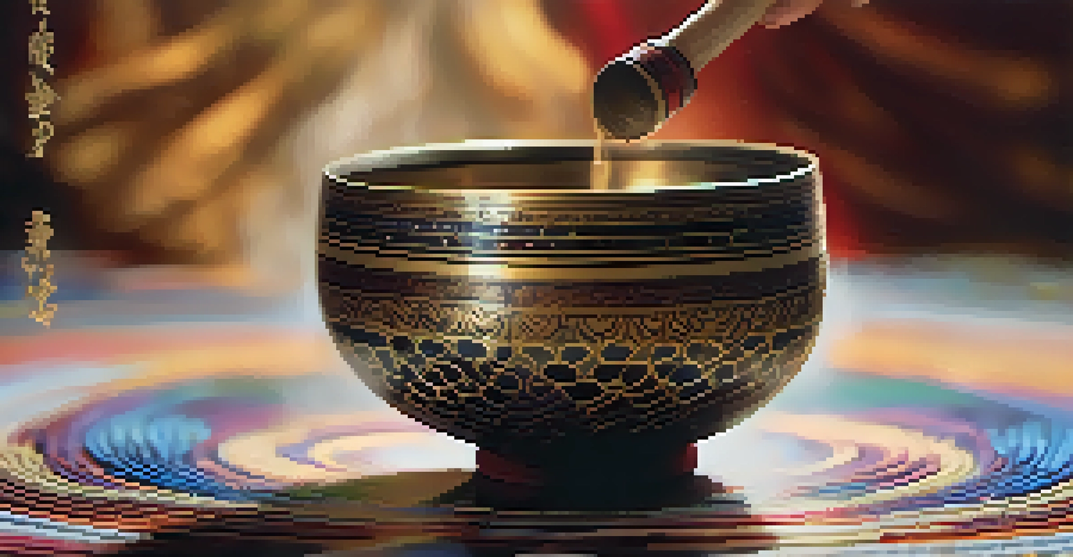 A close-up of a hand striking a Tibetan singing bowl, with visible sound waves and light reflections on its surface, highlighting its beauty.