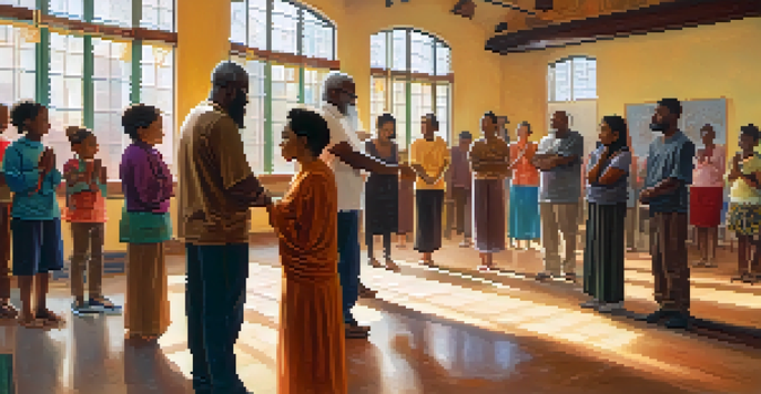 A diverse group of individuals holding hands in a circle, engaged in prayer in a warmly lit community center.