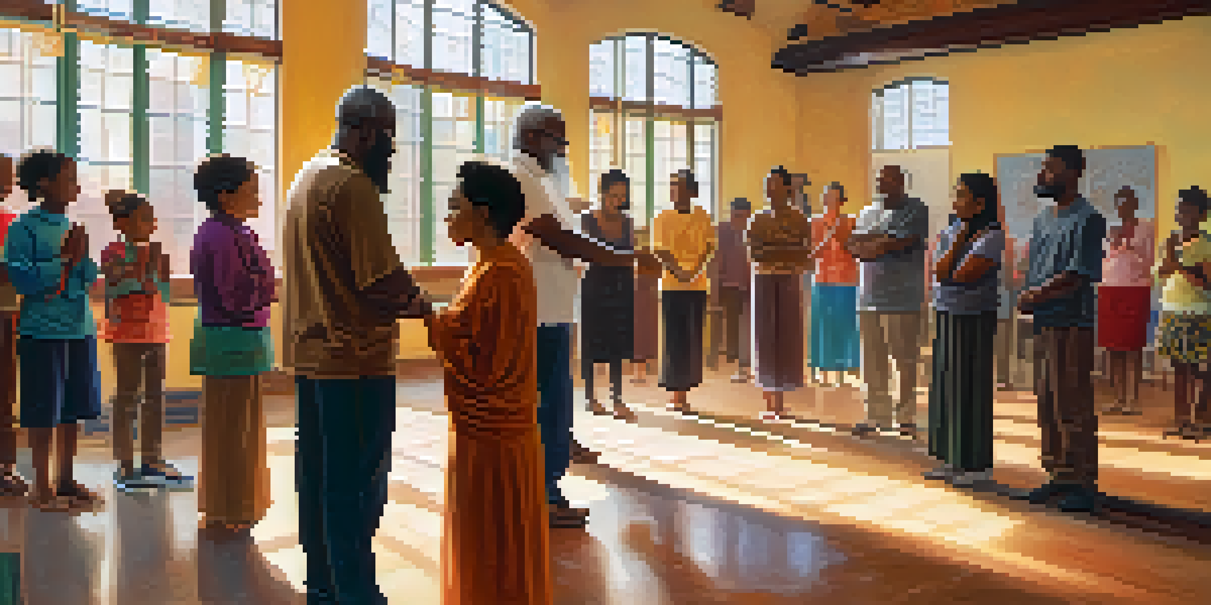 A diverse group of individuals holding hands in a circle, engaged in prayer in a warmly lit community center.