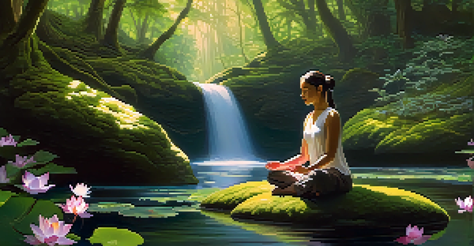 A person meditating in a peaceful forest with glowing symbols and gentle streams around them.