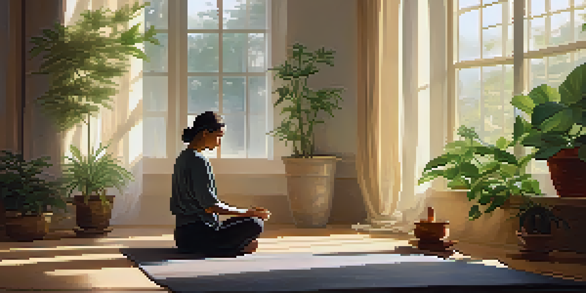 A person meditating in a sunlit room filled with plants, with a cup of herbal tea on a table nearby.