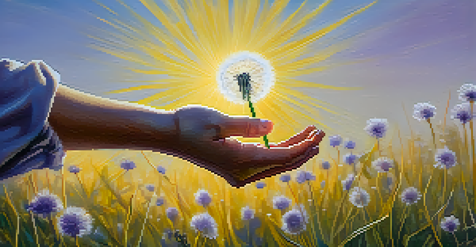 A close-up of a hand releasing a dandelion puff in a sunlit field with colorful wildflowers.