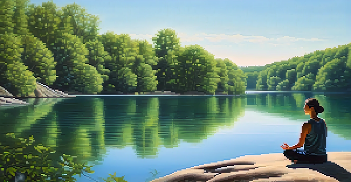 A person meditating on a rock by a calm lake, surrounded by green trees and blue sky, with sunlight creating patterns on the water.