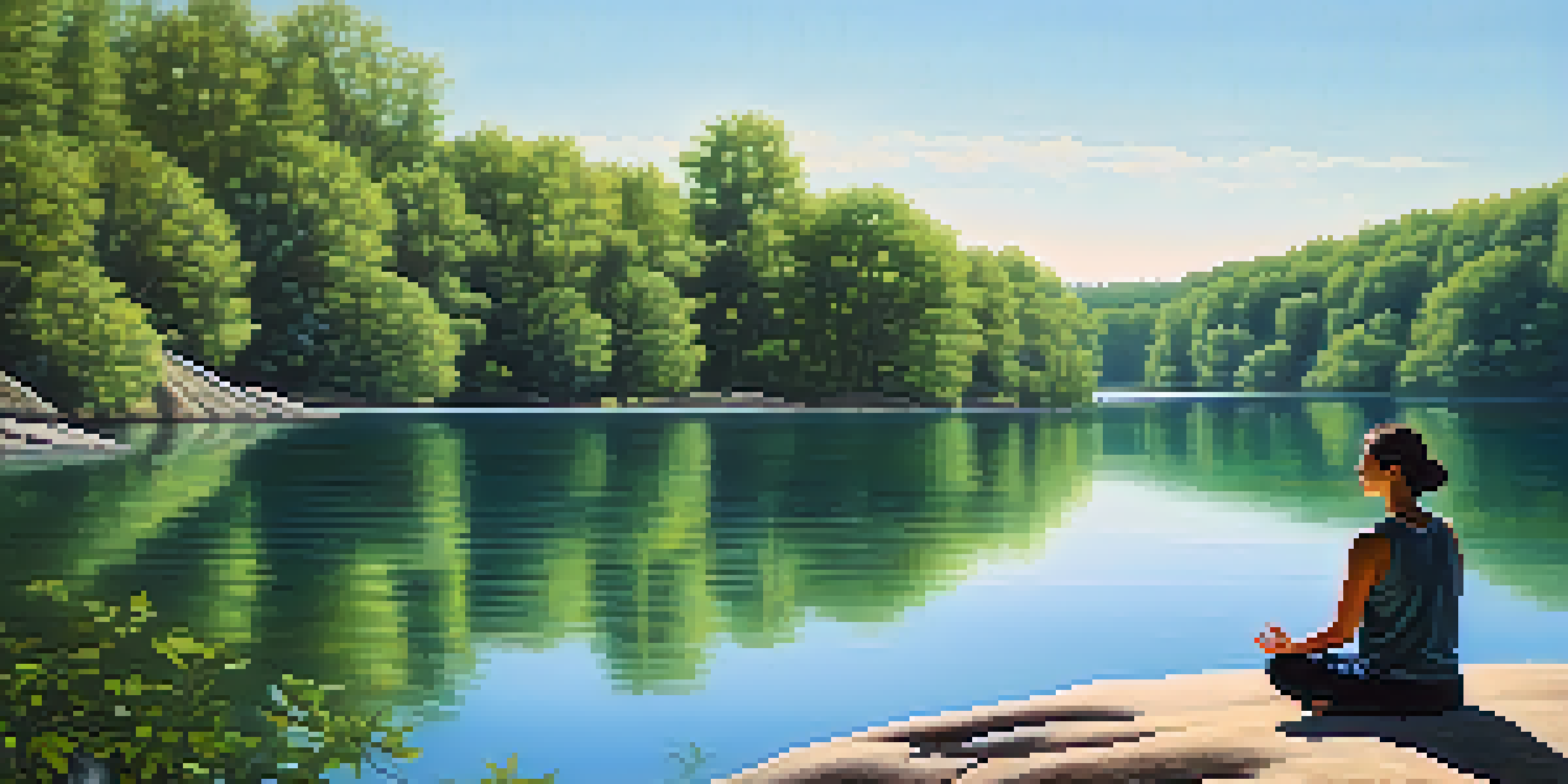 A person meditating on a rock by a calm lake, surrounded by green trees and blue sky, with sunlight creating patterns on the water.