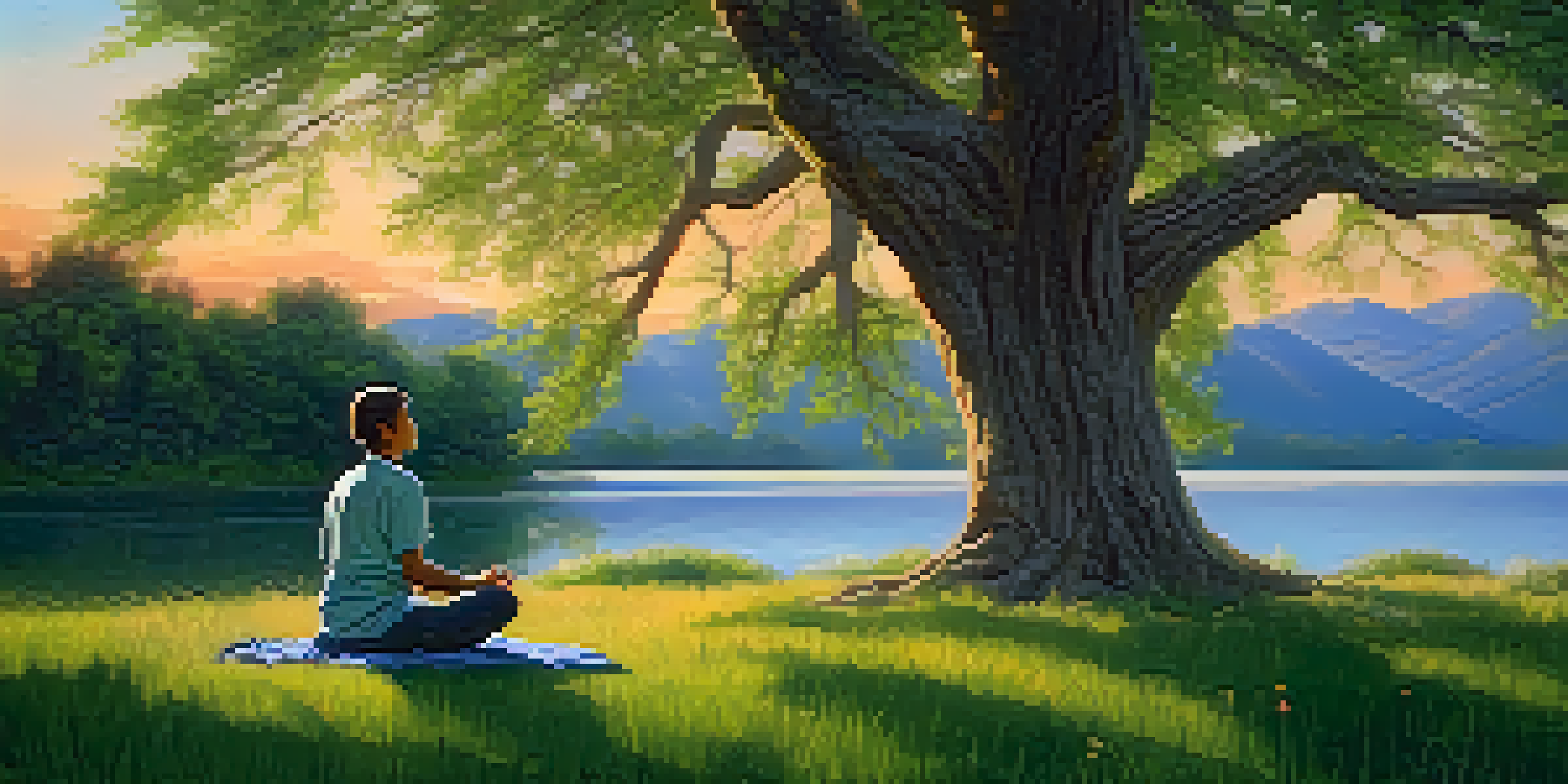 A person meditating under a large tree, with sunlight filtering through the leaves, surrounded by wildflowers and a calm lake in the background.