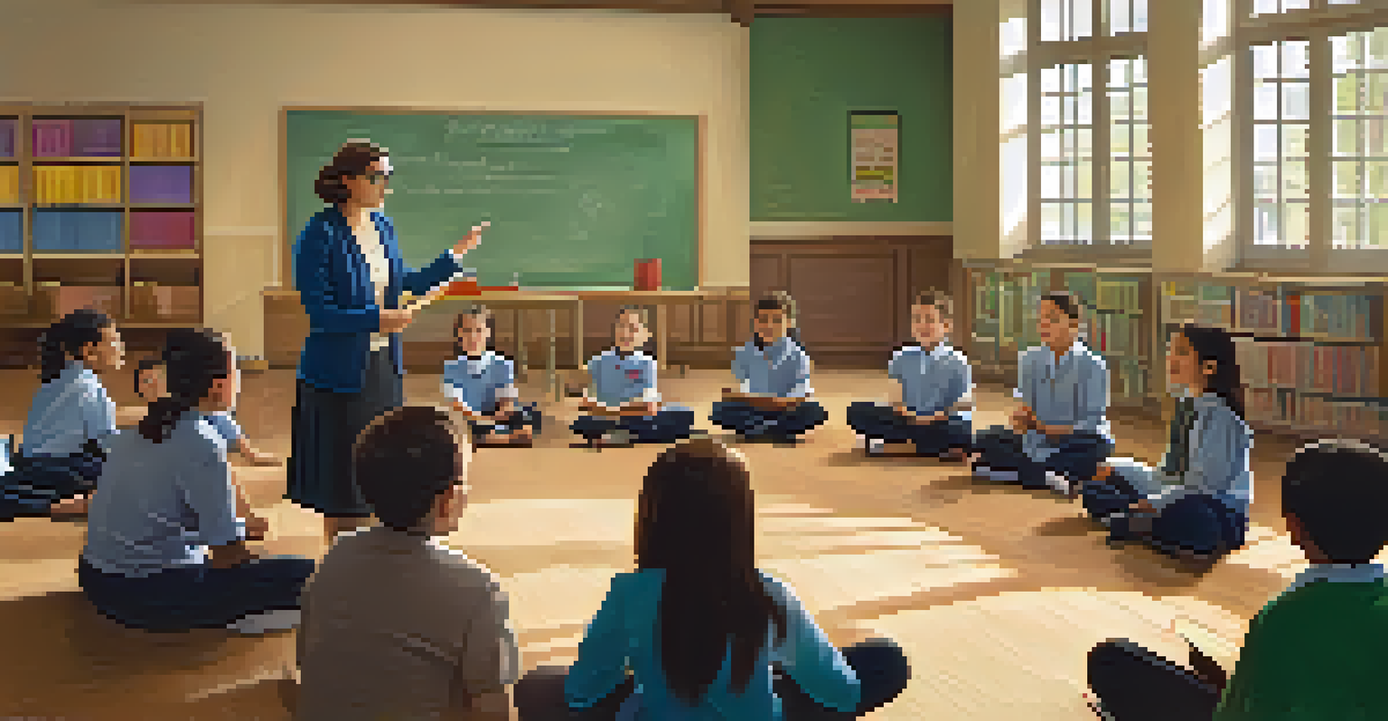 A teacher leading a breathing exercise in a classroom, surrounded by attentive students sitting in a circle.
