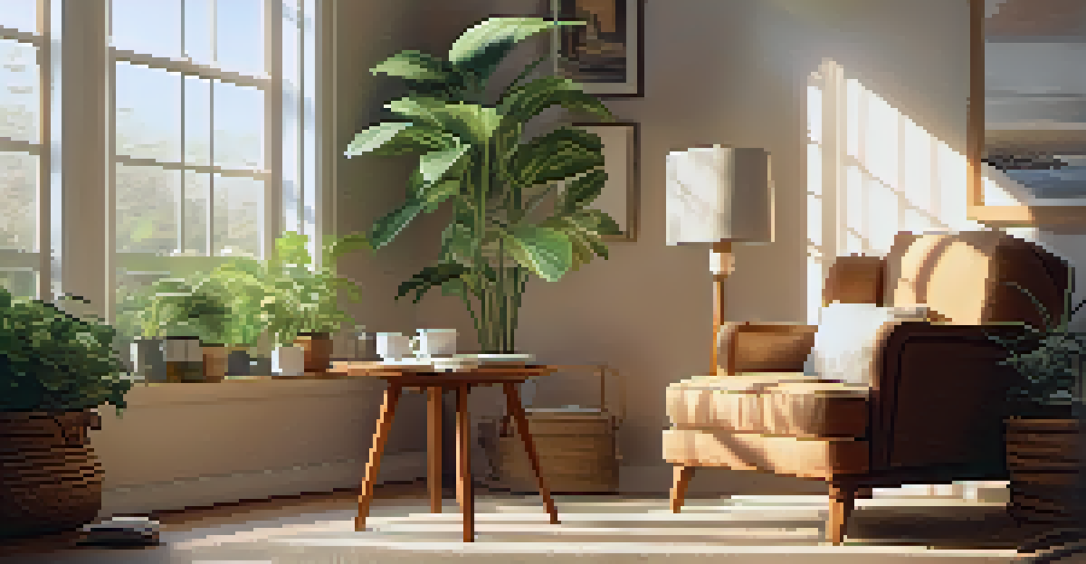 A cozy indoor space with a chair, cup of tea, and plants, perfect for mindfulness practice.