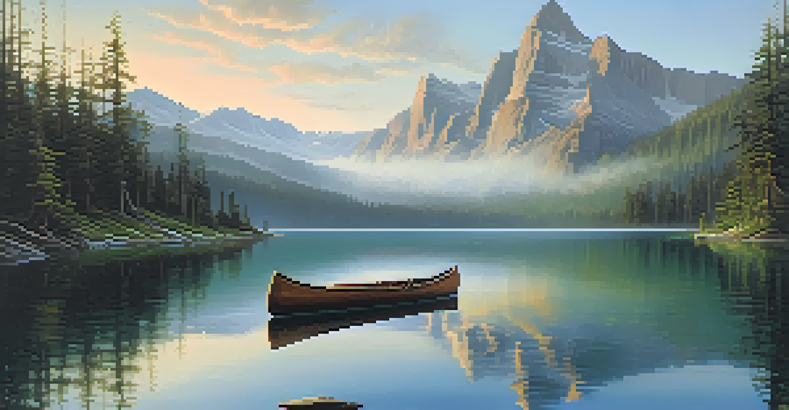 A tranquil mountain landscape with a reflective lake and a canoe on the shore, set in the early morning light.