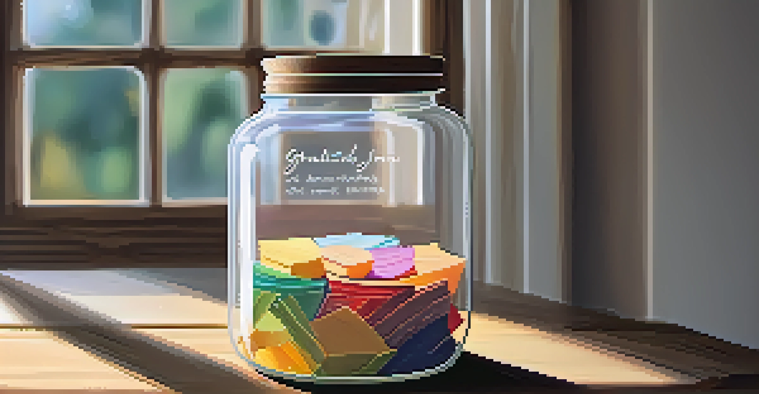 A close-up of a hand holding a gratitude jar filled with colorful notes, placed on a wooden table in soft light.