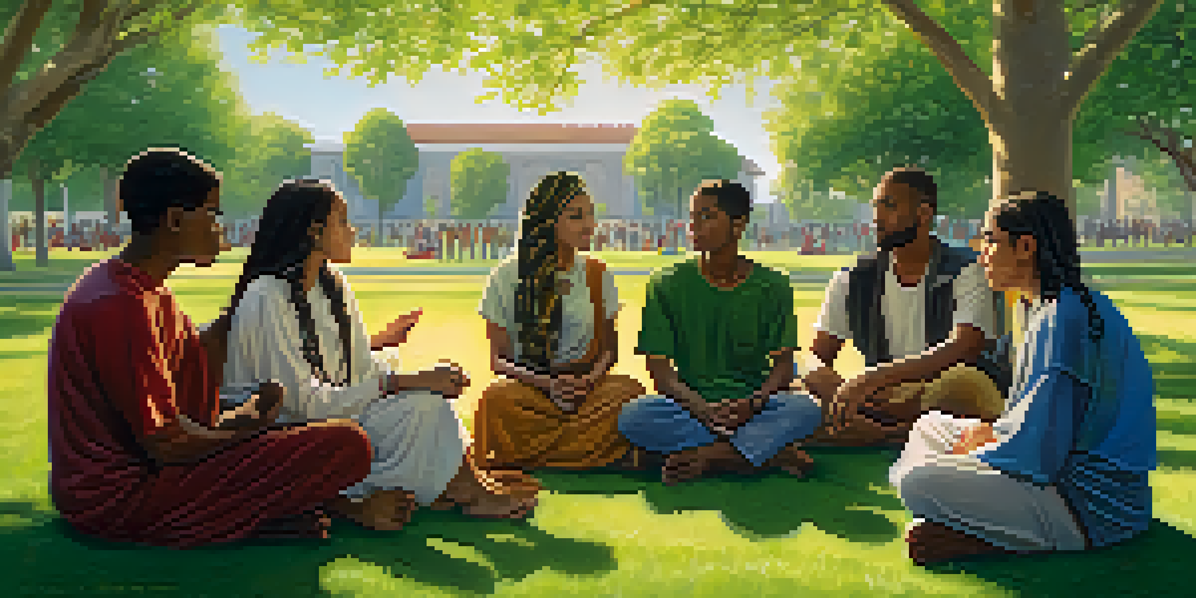 A diverse group of young people from different faiths sitting in a circle on a green lawn, engaging in dialogue under warm sunlight.