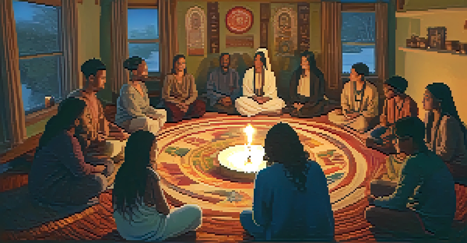 A cozy room with people of different backgrounds sharing stories in a circle, illuminated by warm candlelight.