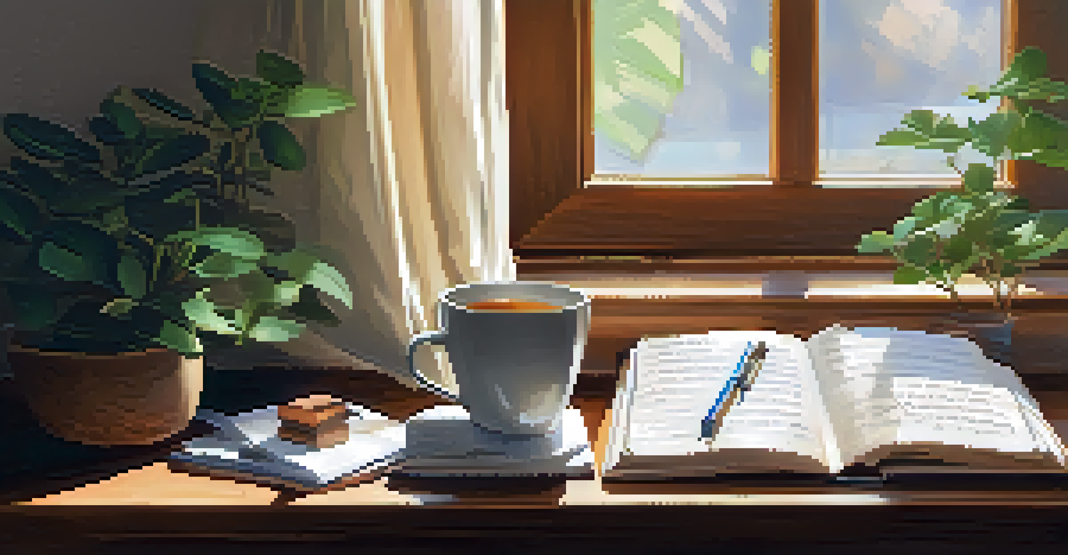 A journaling scene with an open journal, a cup of tea, and a plant on a table, illuminated by soft morning light.