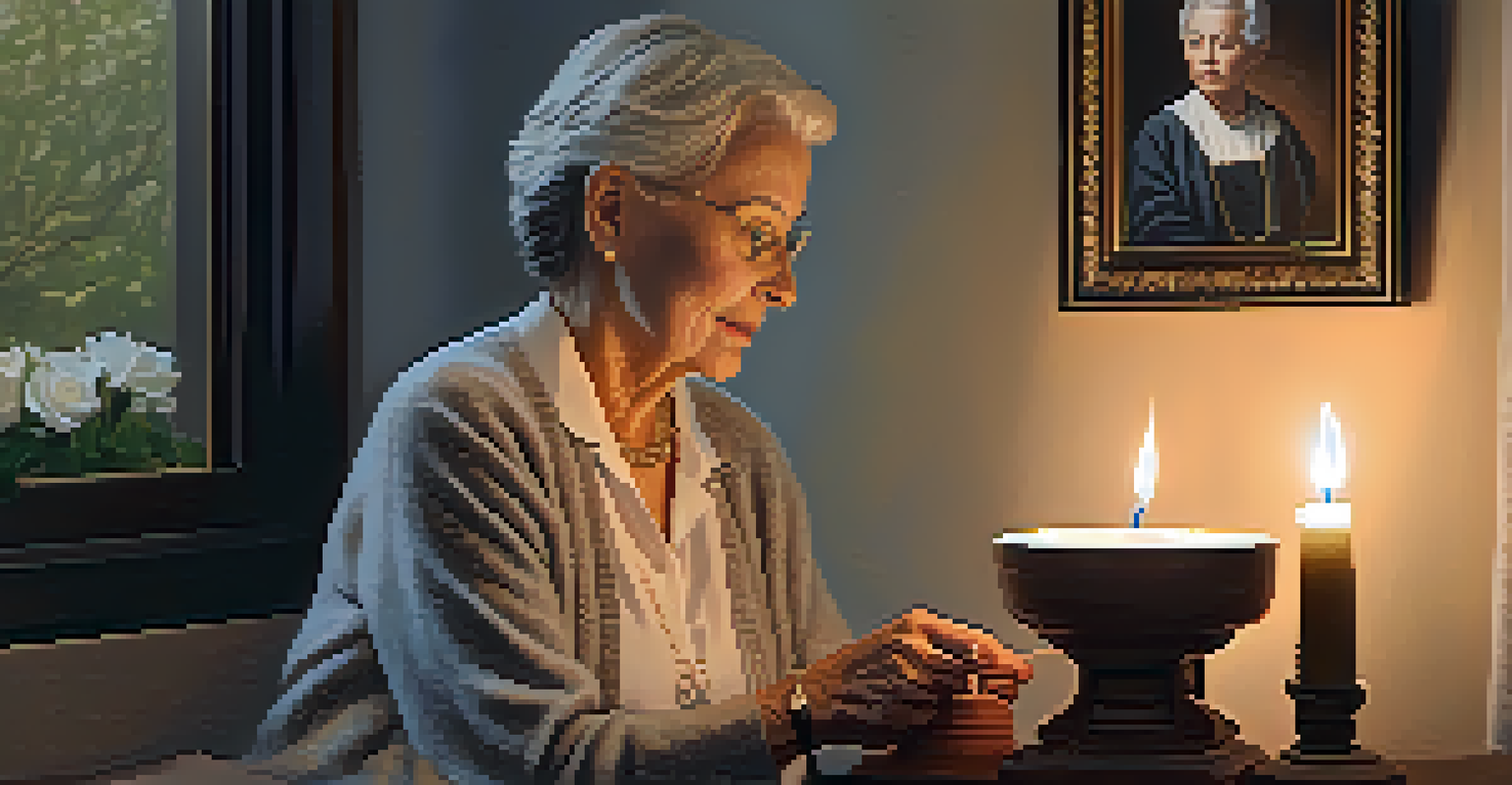 An elderly woman lighting a candle at a small altar surrounded by mementos and flowers in a calm environment.
