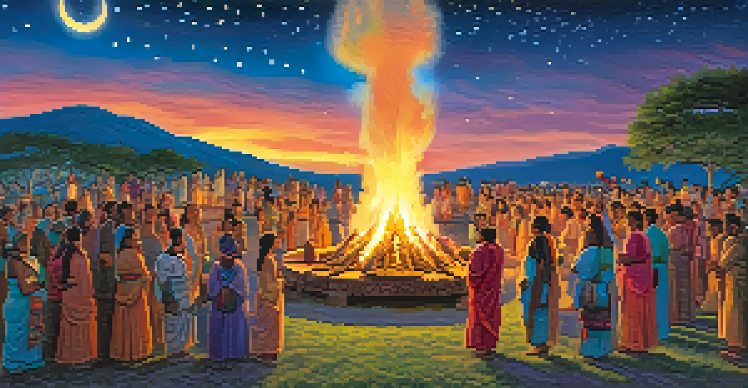 An ancient festival scene with people around a bonfire, colorful decorations, and a sunset sky transitioning to night with stars.