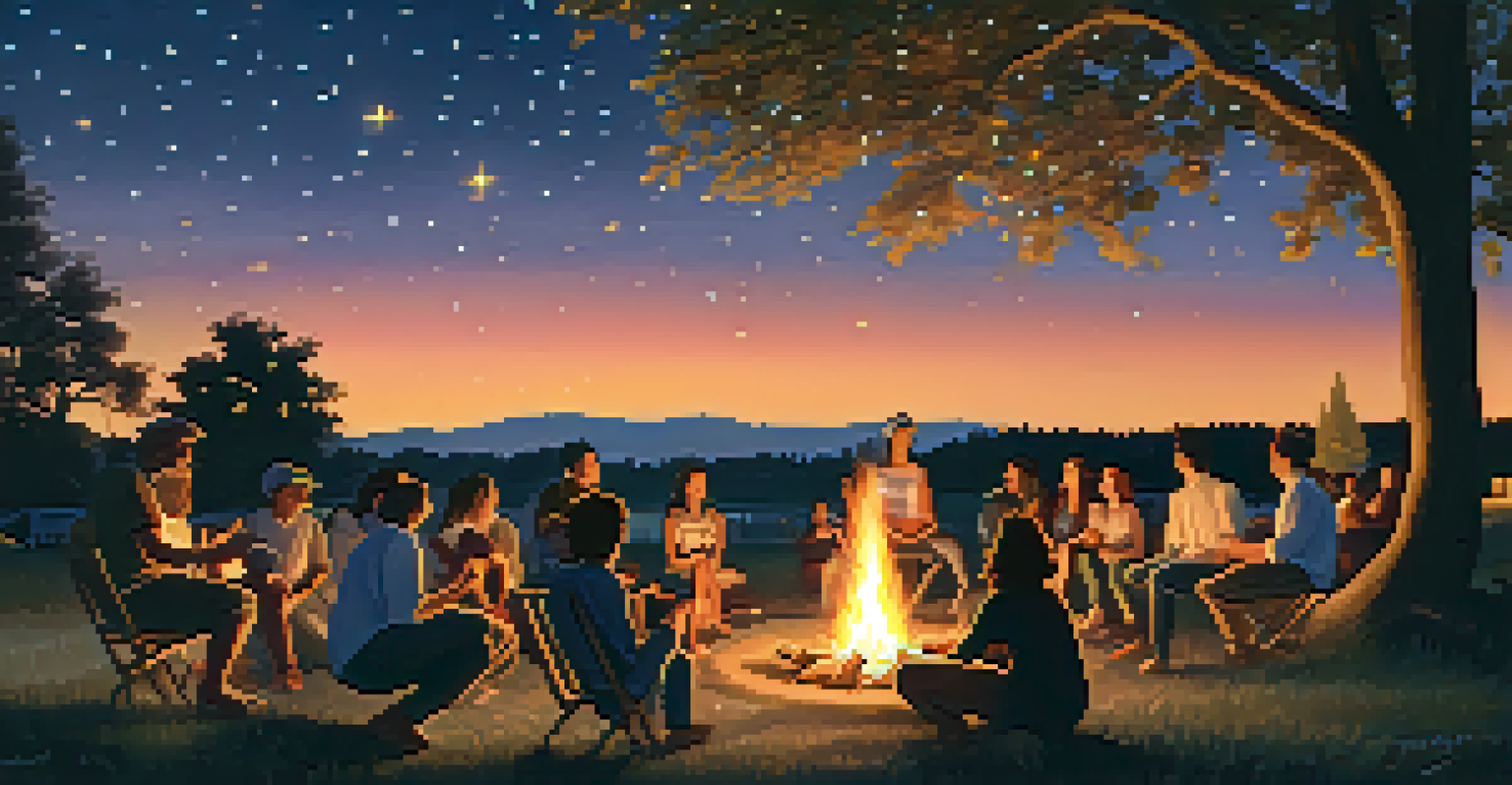 A joyful community gathering around a bonfire at dusk, with people dancing and sharing stories, illuminated by the warm glow of the fire and a starry night sky.