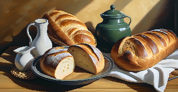A wooden table adorned with different types of freshly baked bread and wheat, illuminated by soft lighting.