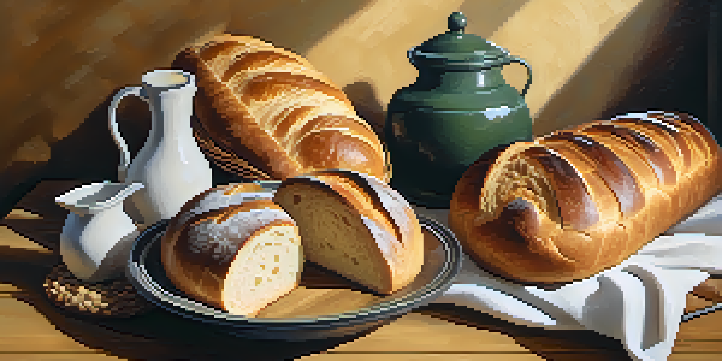 A wooden table adorned with different types of freshly baked bread and wheat, illuminated by soft lighting.