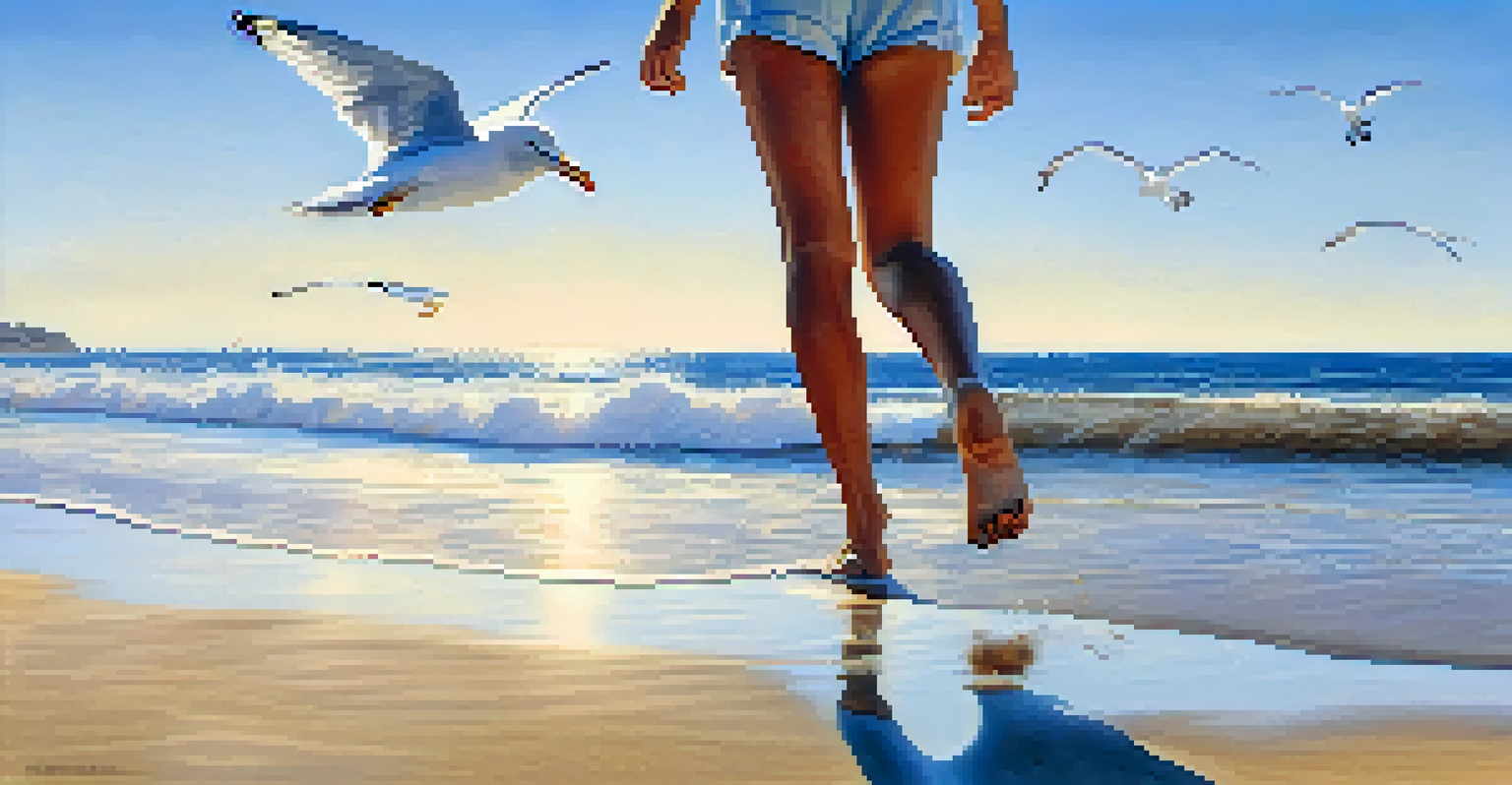 A close-up view of a person walking barefoot on a sandy beach with gentle waves and a bright blue sky.