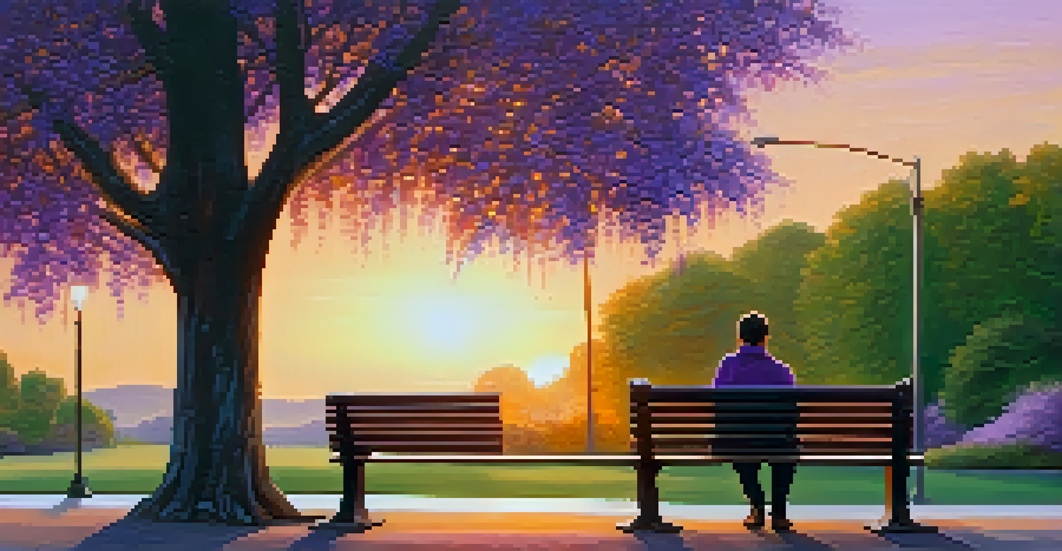 A person sitting on a park bench during sunset, reflecting and smiling, surrounded by trees and flowers.