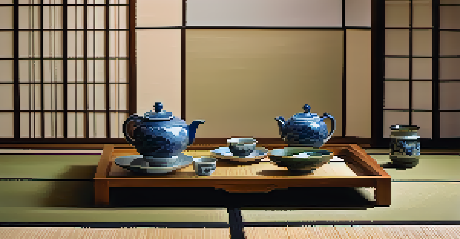 A close-up of a Japanese tea ceremony setup with a traditional tea set and fresh flowers, illuminated by soft natural light.