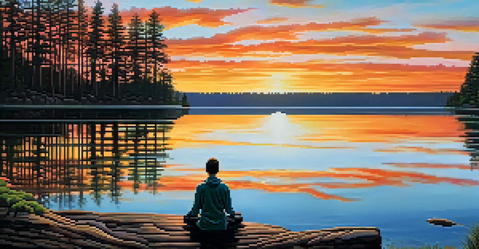 A calm lake at sunset with reflections of trees and a person meditating on the shore.