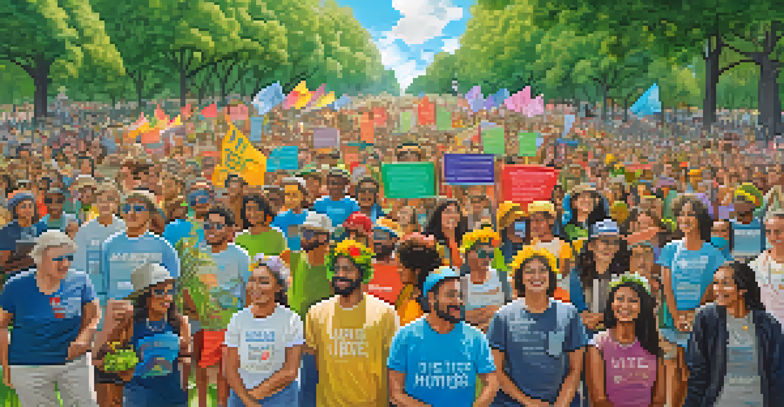 A diverse group of activists in a park holding colorful banners advocating for social justice and environmental protection.