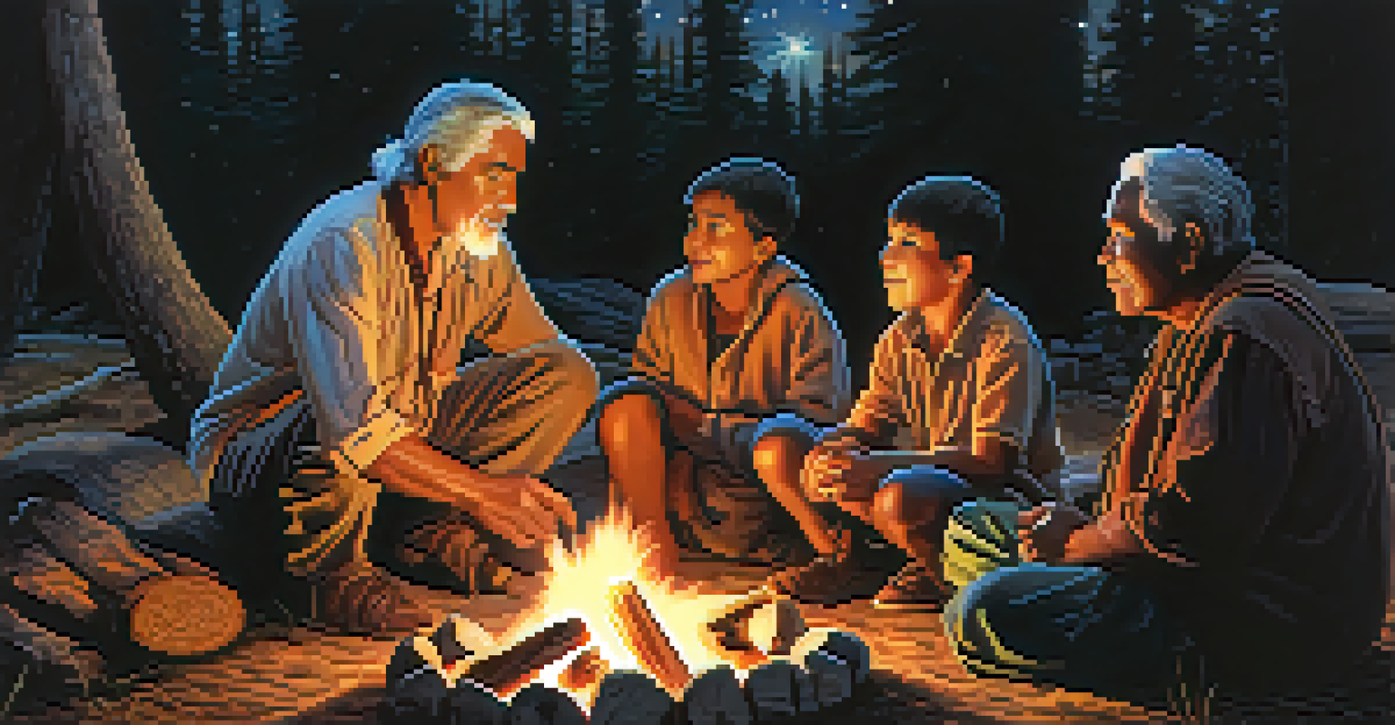 An Indigenous elder telling a story to children around a campfire under a starry sky.