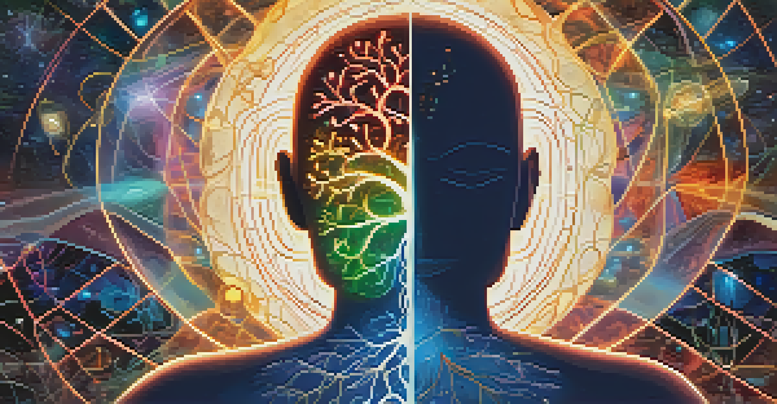 A collage showing a brain with glowing neural connections on one side and a meditating silhouette surrounded by energy patterns on the other.