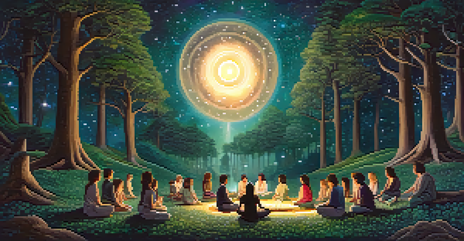 A forest clearing at night with people meditating under the Milky Way, surrounded by candles and crystals.