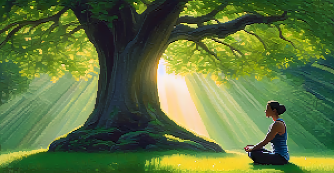 A person meditating under a large tree in a green park, surrounded by flowers and grass, with sunlight filtering through the leaves.