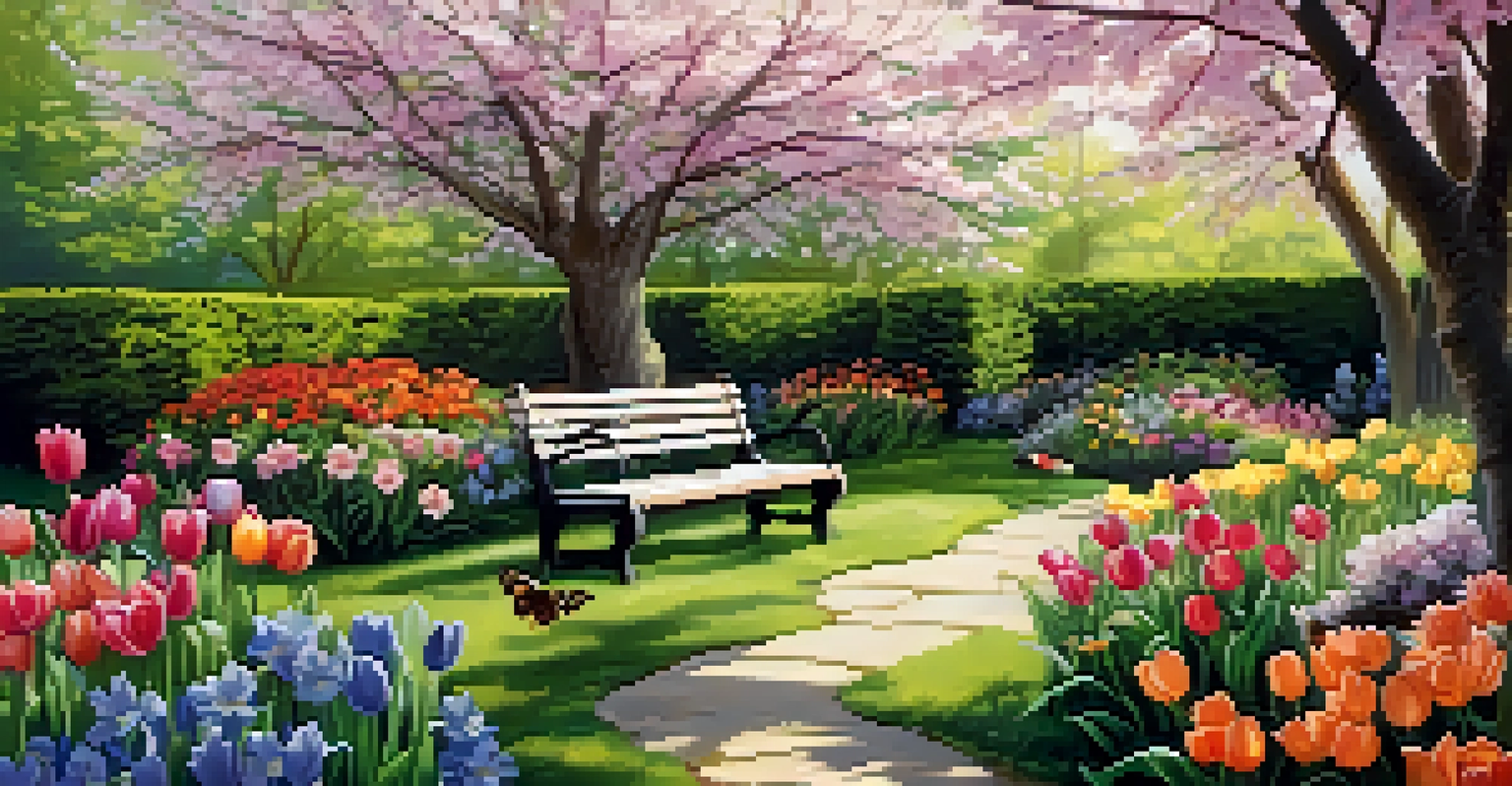 A vibrant spring garden with blooming flowers, a wooden bench under a flowering tree.