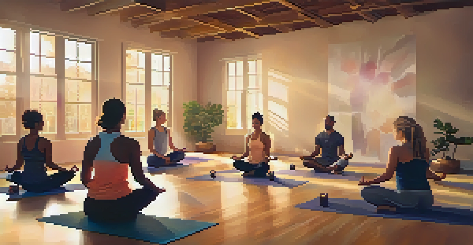 A group of people practicing yoga together in a cozy, candle-lit room, emphasizing community and support.