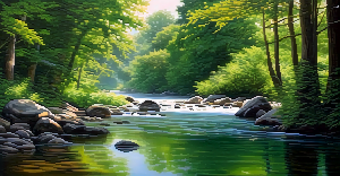 A peaceful river flowing with leaves on the surface, surrounded by green trees and soft sunlight.