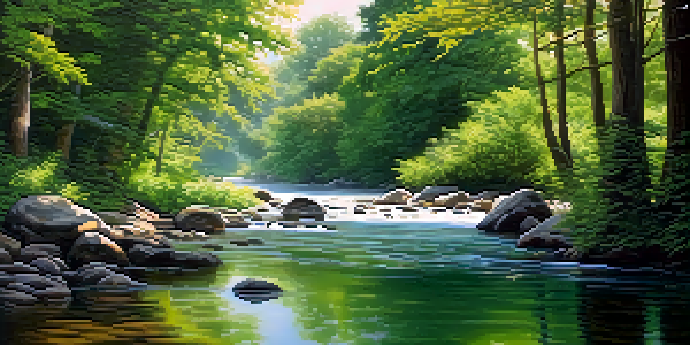 A peaceful river flowing with leaves on the surface, surrounded by green trees and soft sunlight.