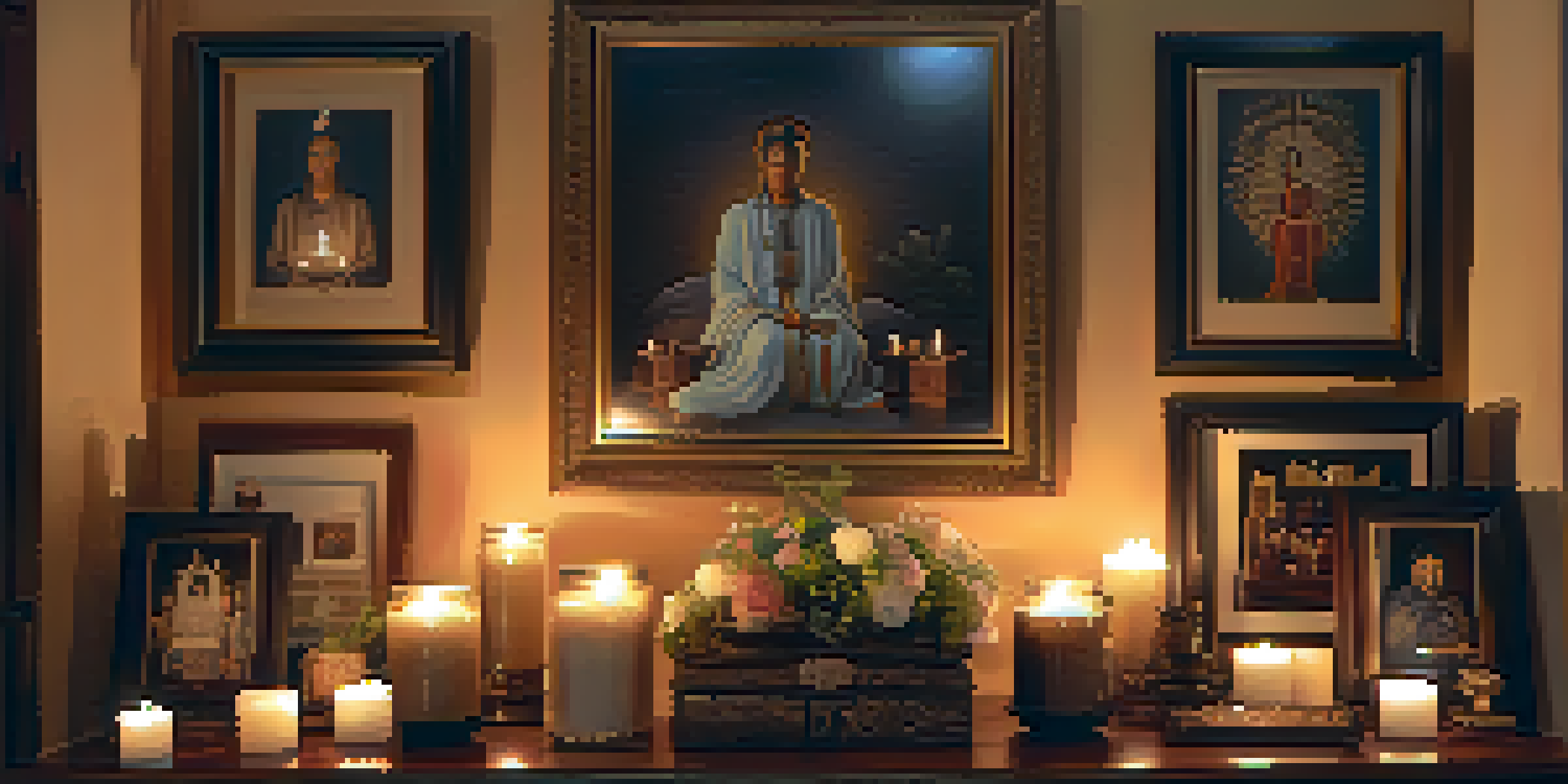 A peaceful ancestral altar with family photos, candles, and flowers, illuminated by soft candlelight.