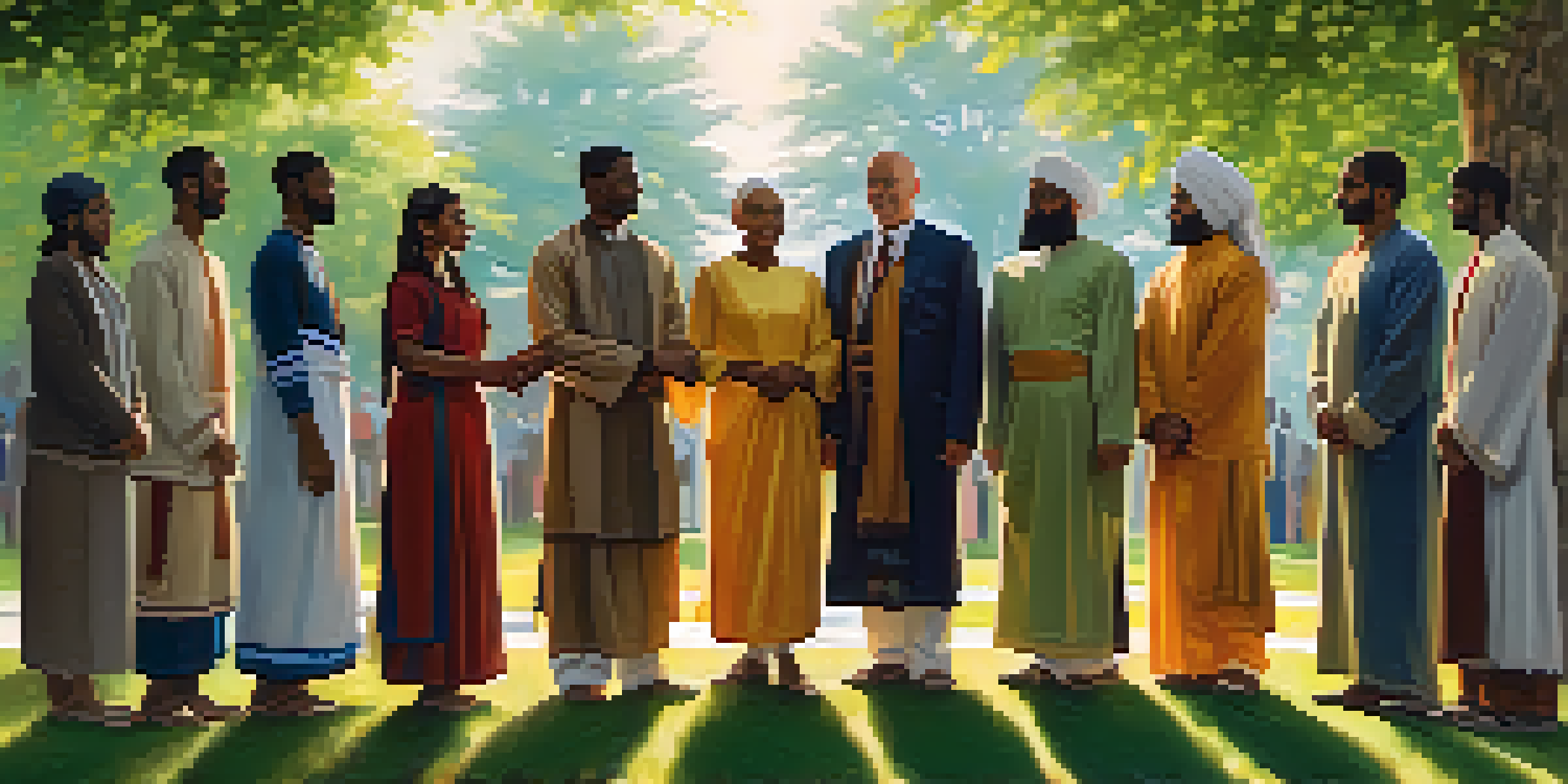 A diverse group of people from different faiths holding hands in a park, with a banner that reads 'Unity in Diversity'.