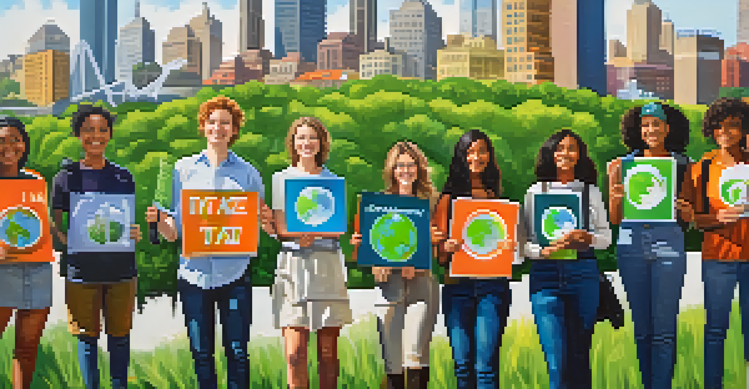 Young activists holding climate action signs in front of a city skyline, promoting environmental sustainability.